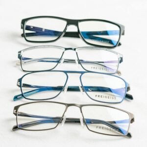 A close-up of modern Freigeist eyeglasses on a white surface.
